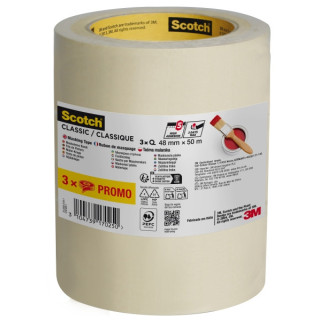Scotch Classic Pack de 3 Cintas de Enmascarar - 48mm x 50m - 70% PEFC - Color Blanco