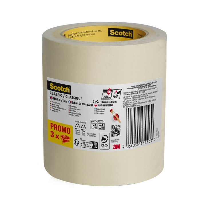Scotch Classic Cinta de Enmascarar - 36mm x 50m - 70% PEFC - Color Blanco