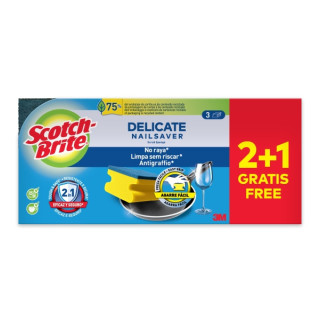 Scotch-Brite Delicate Pack de 3 Estropajos de Cocina - Proteccion para los Dedos - Promocion 2 + 1 Gratis - No Raya - Color Ama