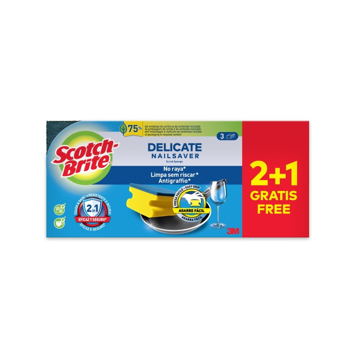 Scotch-Brite Delicate Pack de 3 Estropajos de Cocina - Proteccion para los Dedos - Promocion 2 + 1 Gratis - No Raya - Color Ama