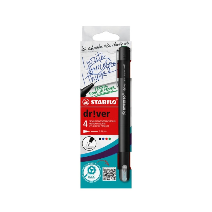 Stabilo Dr!ver Pack de 4 Rotuladores de Punta Fina 0.4mm - Tinta a Prueba de Manchas