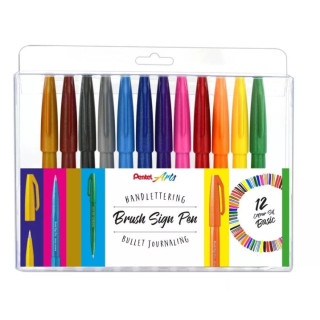 Pentel Brush Sing Pen Pack de 12 Rotuladores con Punta de Pincel - Lineas Finas o Gruesas dependiendo de la Presion - Fabricado