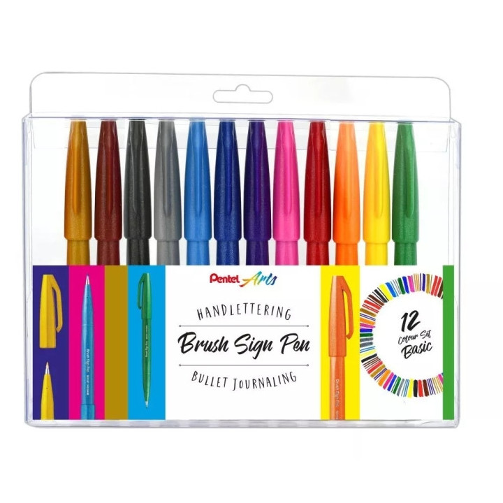 Pentel Brush Sing Pen Pack de 12 Rotuladores con Punta de Pincel - Lineas Finas o Gruesas dependiendo de la Presion - Fabricado