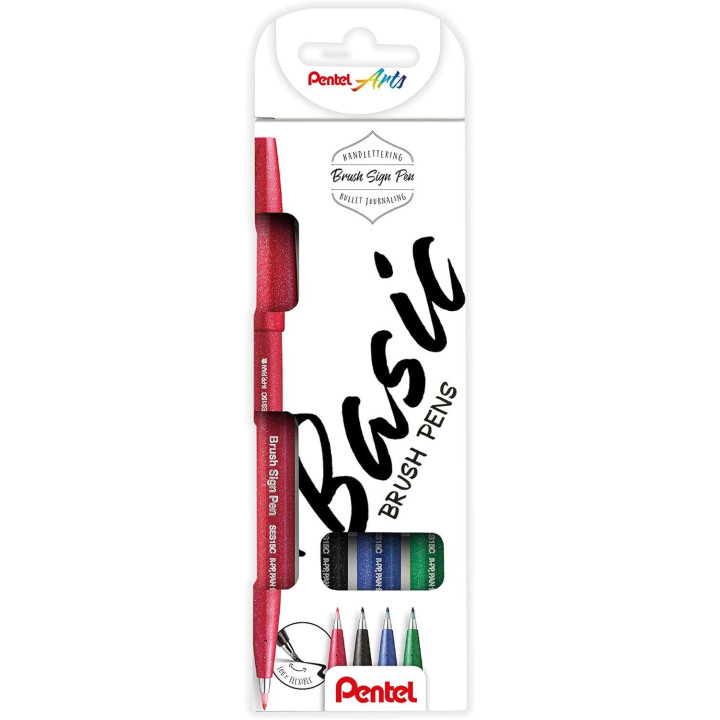 Pentel Brush Sing Pen Basic Pack de 4 Rotuladores con Punta de Pincel - Lineas Finas o Gruesas dependiendo de la Presion - Fabr