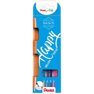 Pentel Brush Sing Pen Happy Pack de 4 Rotuladores con Punta de Pincel - Lineas Finas o Gruesas dependiendo de la Presion - Fabr