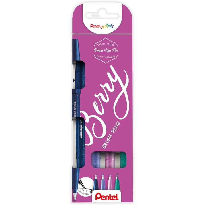Pentel Brush Sing Pen Berry Pack de 4 Rotuladores con Punta de Pincel - Lineas Finas o Gruesas dependiendo de la Presion - Fabr