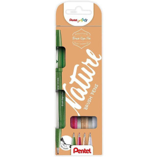 Pentel Brush Sing Pen Nature Pack de 4 Rotuladores con Punta de Pincel - Lineas Finas o Gruesas dependiendo de la Presion - Fab