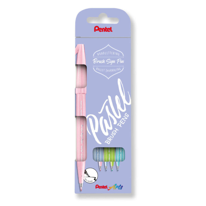 Pentel Brush Sing Pen Pastel Pack de 4 Rotuladores con Punta de Pincel - Lineas Finas o Gruesas dependiendo de la Presion - Fab