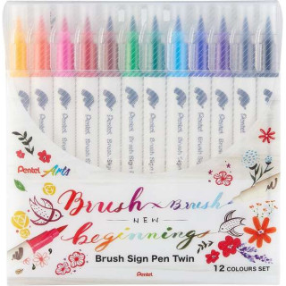 Pentel Brush Sing Pen Twin Pack de 12 Rotuladores con Doble Punta de Pincel Flexible - Punta Ancha 1-4mm