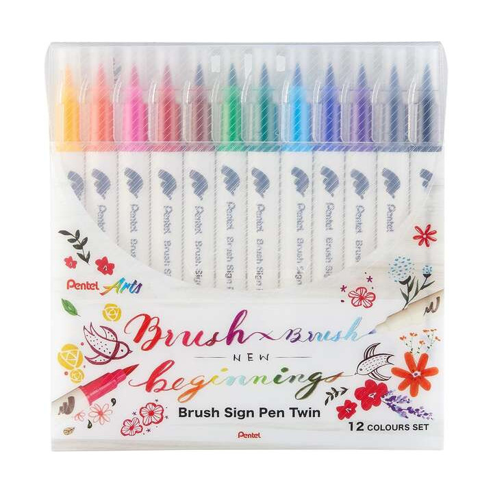Pentel Brush Sing Pen Twin Pack de 12 Rotuladores con Doble Punta de Pincel Flexible - Punta Ancha 1-4mm
