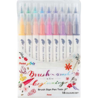 Pentel Brush Sing Pen Twin Pack de 18 Rotuladores con Doble Punta de Pincel Flexible - Punta Ancha 1-4mm