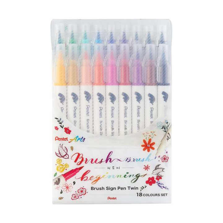 Pentel Brush Sing Pen Twin Pack de 18 Rotuladores con Doble Punta de Pincel Flexible - Punta Ancha 1-4mm