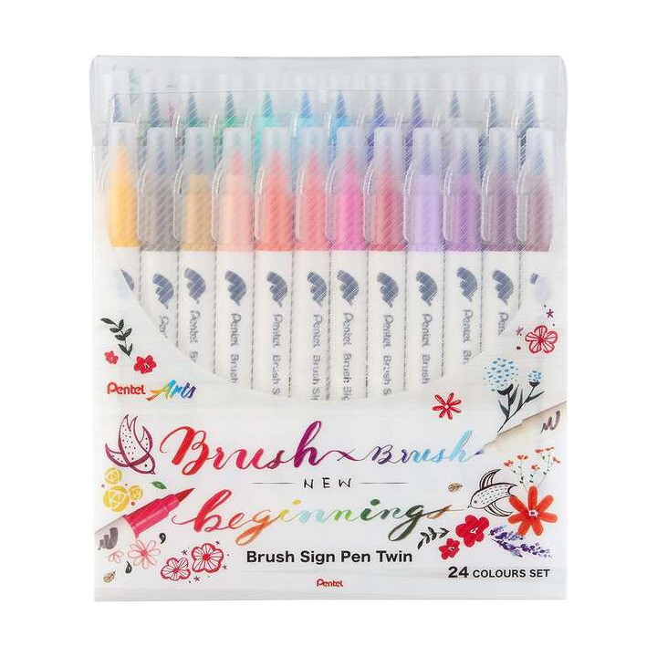 Pentel Brush Sing Pen Twin Pack de 24 Rotuladores con Doble Punta de Pincel Flexible - Punta Ancha 1-4mm