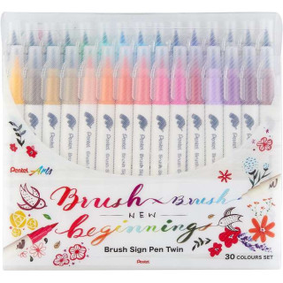 Pentel Brush Sing Pen Twin Pack de 30 Rotuladores con Doble Punta de Pincel Flexible - Punta Ancha 1-4mm