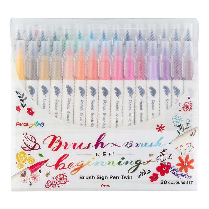 Pentel Brush Sing Pen Twin Pack de 30 Rotuladores con Doble Punta de Pincel Flexible - Punta Ancha 1-4mm