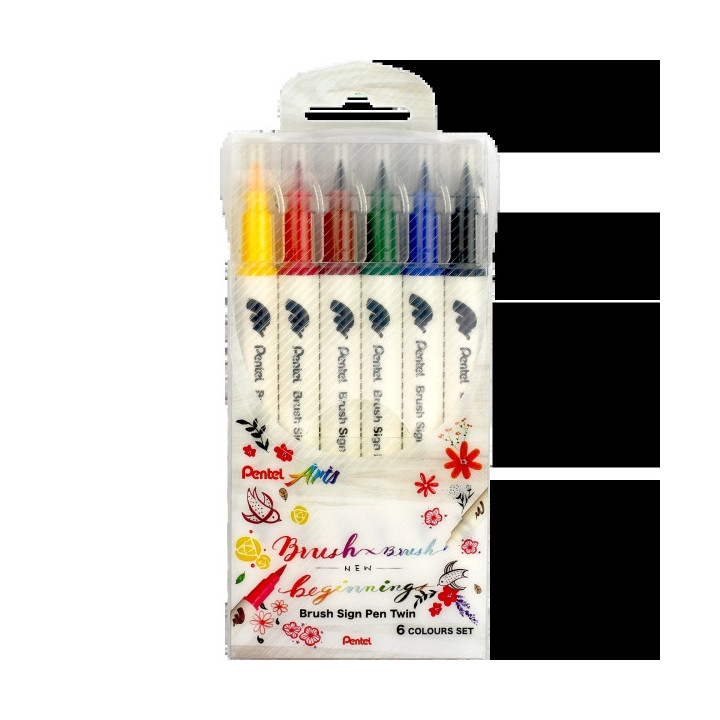 Pentel Brush Sing Pen Twin Pack de 6 Rotuladores con Doble Punta de Pincel Flexible - Punta Ancha 1-4mm