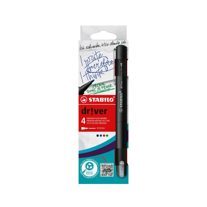 Stabilo Dr!ver Pack de 4 Rotuladores de Punta Media 0.8mm - Tinta a Prueba de Manchas