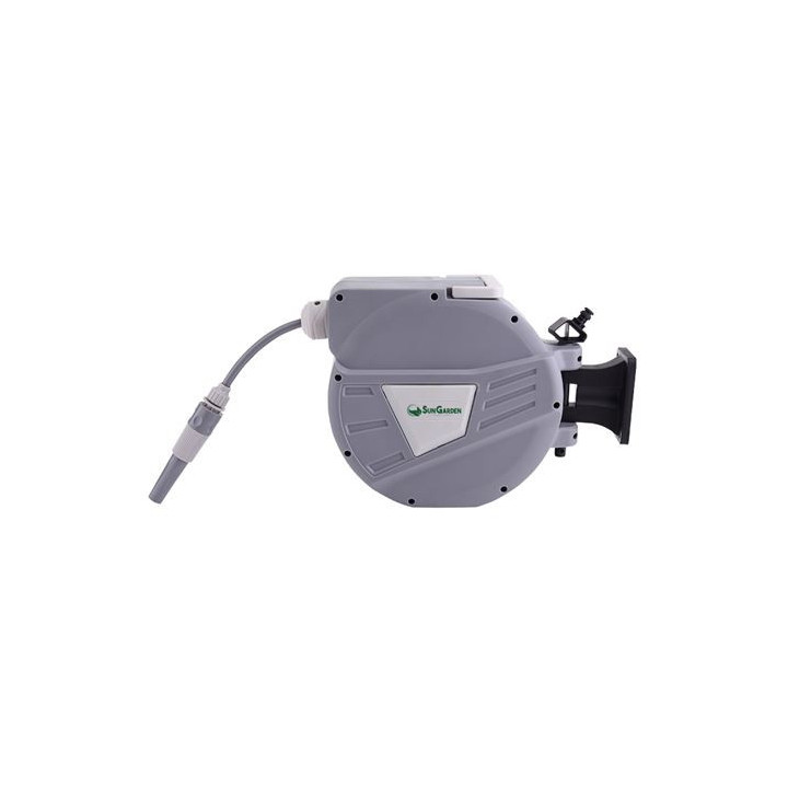 Sungarden SG0164 Manguera 10 Metros - Recogedor Automatico con Guia - Soporte Para Instalacion en Pared - Giro 180 - Color Gris