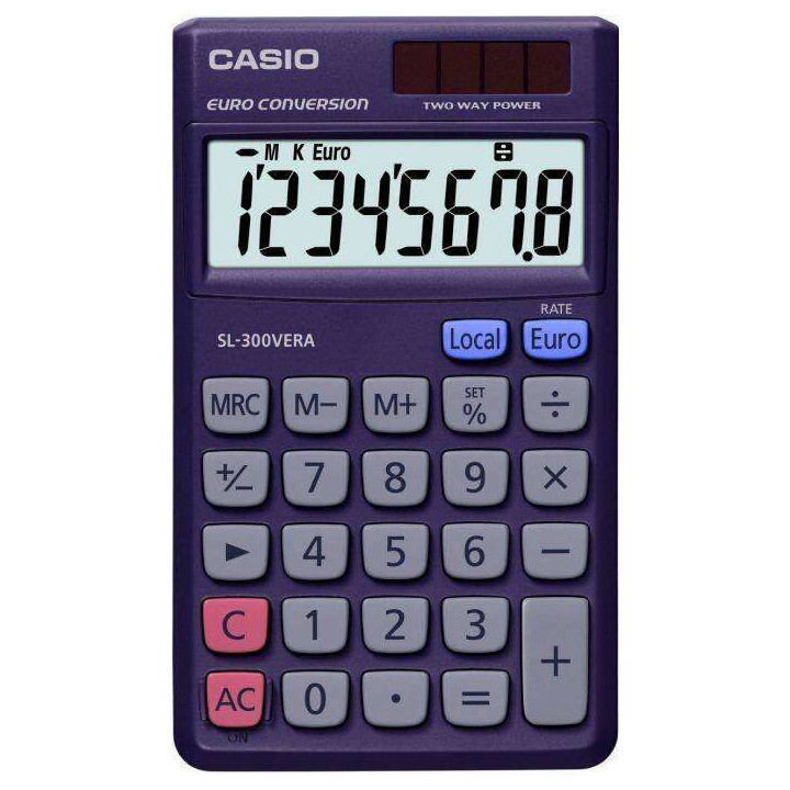Casio SL-300VERA Calculadora de Bolsillo - Pantalla LC Extragrande de 8 Digitos - Funcion Conversor de Euros - Color Azul Oscur