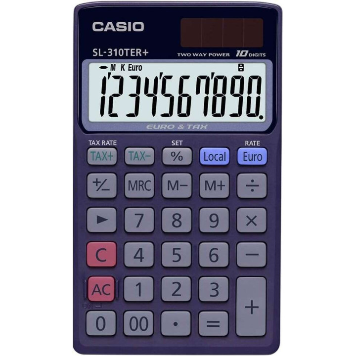 Casio SL-310TER+ Calculadora de Bolsillo - Pantalla LC Extragrande de 10 Digitos - Funcion Conversor de Euros - Color Azul Oscu