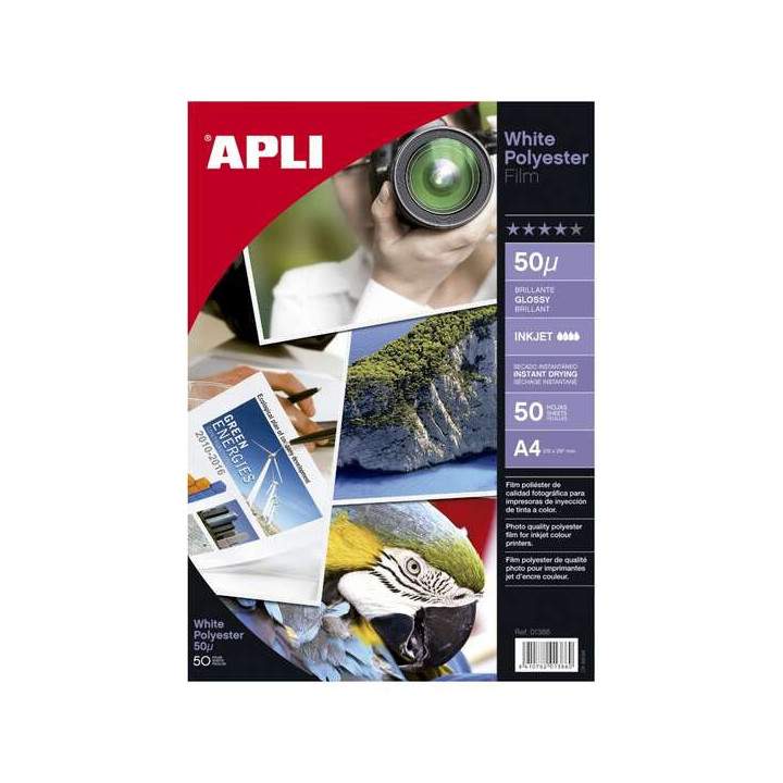 Apli Film Poliester Blanco Adhesivo A4 - Acabado Brillante - Secado Instantaneo - 50 hojas