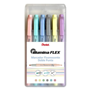 Pentel Illumina Flex Pack de 6 Marcadores Fluorescentes Doble Punta - Biselada Trazo entre 1.5 a 3.5mm - Conica Trazo 1mm - Col
