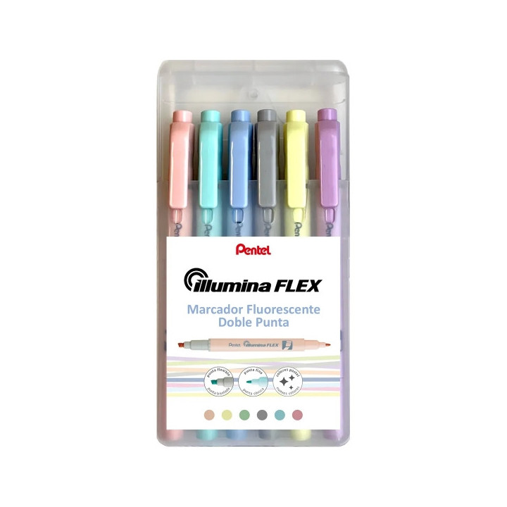 Pentel Illumina Flex Pack de 6 Marcadores Fluorescentes Doble Punta - Biselada Trazo entre 1.5 a 3.5mm - Conica Trazo 1mm - Col