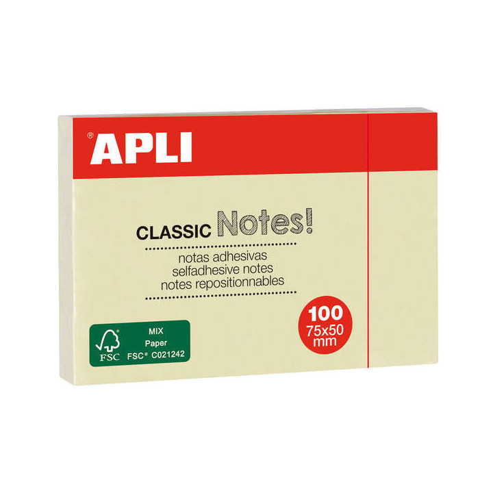Apli Notas Adhesivas Classic 75x50mm Bloc 100 Hojas - Adhesivo de Calidad - Facil de Despegar - Ideal para Recordatorios - Amar