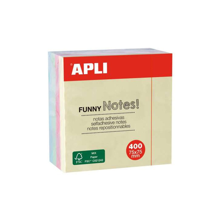 Apli Funny Cubo de 400 Notas Adhesivas 75 x 75 mm - Colores Pastel Surtidos