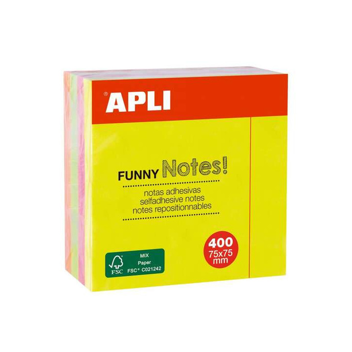 Apli Funny Cubo de 400 Notas Adhesivas 75 x 75 mm - Colores Surtidos Fluorescentes