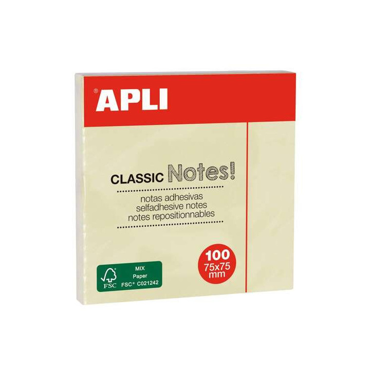 Apli Classic Bloc de 100 Notas Adhesivas 75 x 75 mm - Color Amarillo