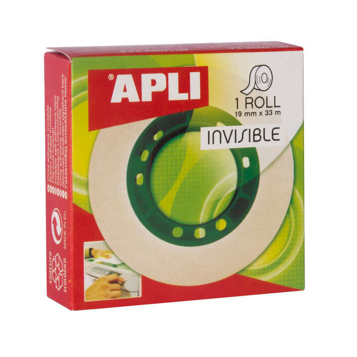 Apli Cinta Adhesiva Invisible 19mm x 33m - Facil de Cortar - Resistente - Ideal para Uso en Oficina - Transparente