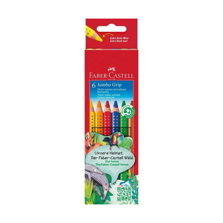 Faber-Castell Jumbo Grip Pack de 6 Lapices de Colores Triangulares con Grip de Agarre - Mina Extragruesa Jumbo - Acuarelable y