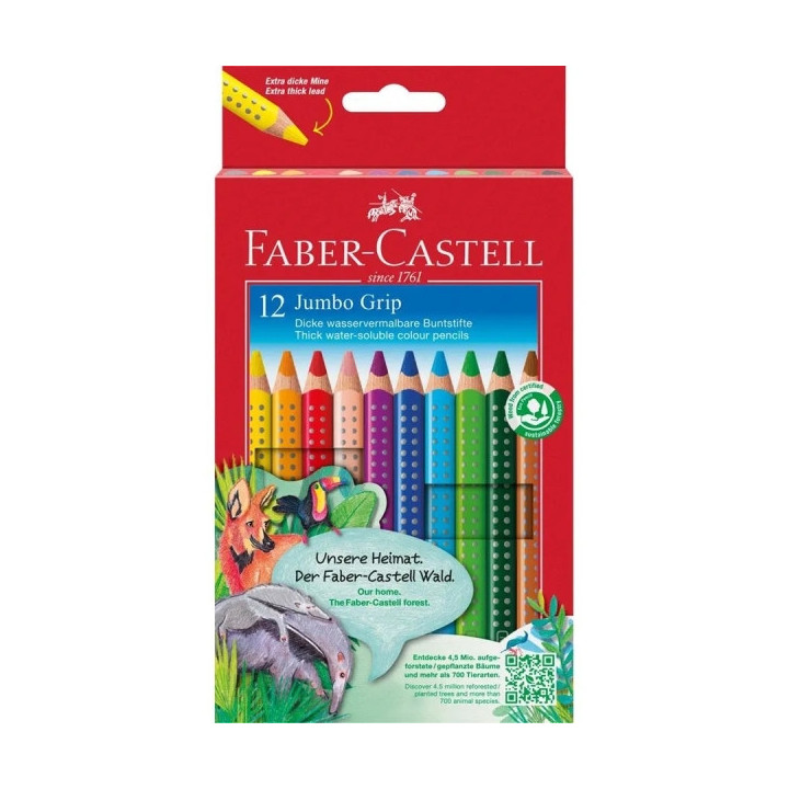Faber-Castell Jumbo Grip Pack de 12 Lapices de Colores Triangulares con Grip de Agarre - Mina Extragruesa Jumbo - Acuarelable y