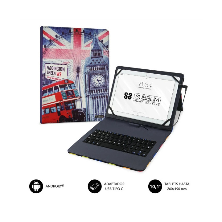 Subblim Keytab Pro USB - Teclado con Funda Universal para Tablets - Comodidad y Flexibilidad al Escribir - Angulo Ideal para Es