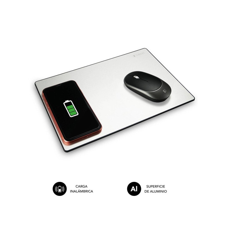 Subblim Alfombrilla de Escritorio Aluminio - Tamaño 10x10cm - Cargador Inalambrico Para Smartphone - Base Antideslizante - Bor