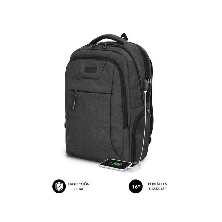 Subblim Mochila Air Padding para Portatil de 16" - Departamentos y Bolsillos Organizadores - Resistente al Agua - Puerto USB -