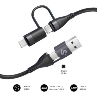 Subblim Cable Top 4 en 1 - USB-A USB-C Lightning - 60W - Nylon Trenzado - Carga Rapida - 1 Metro