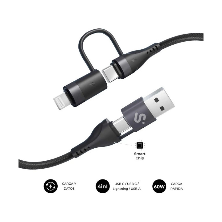 Subblim Cable Top 4 en 1 - USB-A USB-C Lightning - 60W - Nylon Trenzado - Carga Rapida - 1 Metro