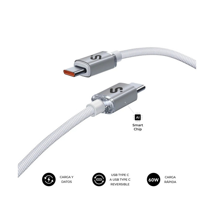 Subblim Cable Optimus USB-C - 60W - Nylon Trenzado - 480Mbps - 1 Metro - Color Blanco