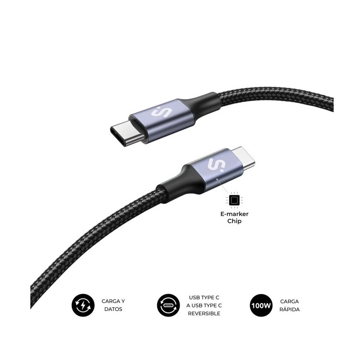 Subblim Cable Plus USB-C - 100W - Nylon Trenzado - 480Mbps - Chip E-Marker - 1 Metro - Color Negro