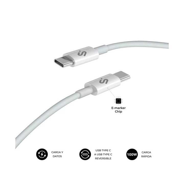 Subblim Cable Plus USB-C - 100W - Nylon Trenzado - 480Mbps - Chip E-Marker - 2 Metros - Color Blanco