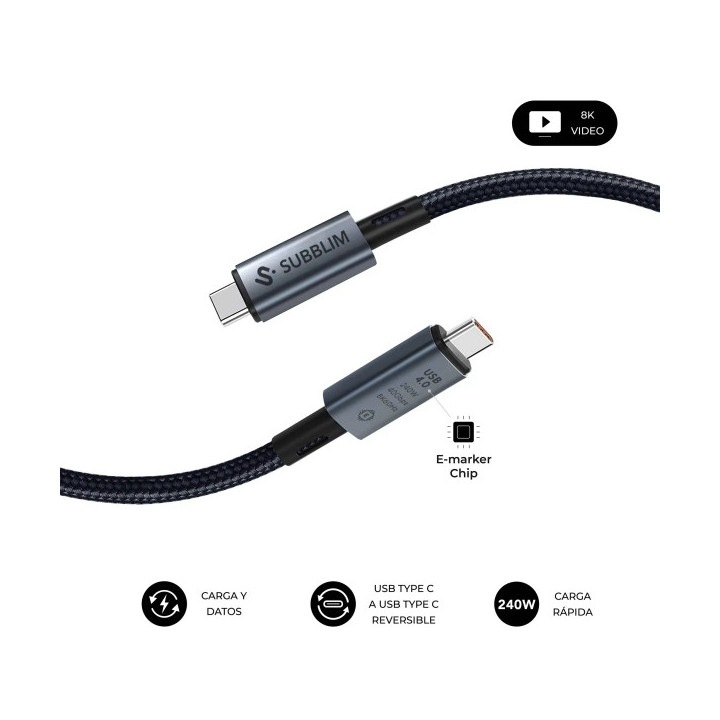 Subblim Cable High USB-C - 240W - Nylon Trenzado - 40Gbps - Chip E-Marker - 1.5 Metros - Color Negro