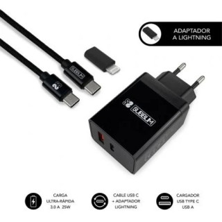 Subblim Cargador doméstico de 2 puertos - 25W - Carga rápida PD 3.0/2.0/Quick Charge 3.0 4.0 2.0 - Cable USB C reversible - C
