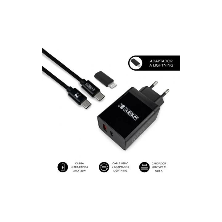 Subblim Cargador doméstico de 2 puertos - 25W - Carga rápida PD 3.0/2.0/Quick Charge 3.0 4.0 2.0 - Cable USB C reversible - C