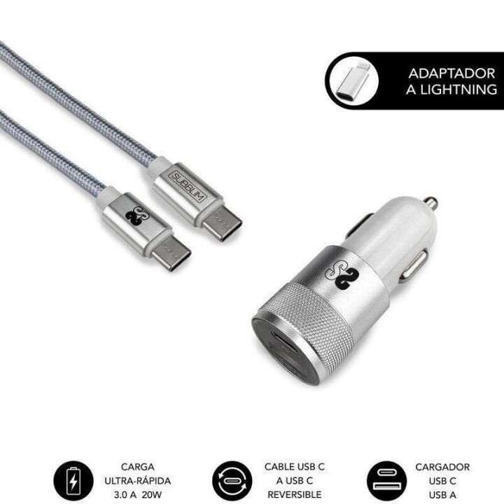 Subblim Cargador Coche Dual PD20W+QC3.0+C to C/Lightning cable - 20W - Carga rápida simultánea - Cable USB C reversible - Col