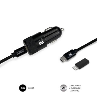 Subblim Cargador Coche Dual PD20W+QC3.0+C to C/Lightning cable - Carga Rápida - 2 Puertos USB C + USB A - Cable USB C reversib