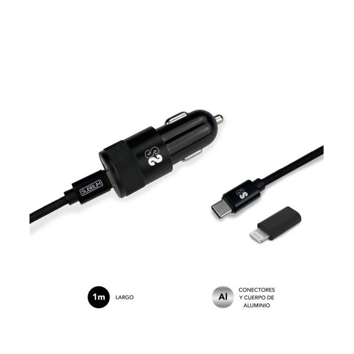Subblim Cargador Coche Dual PD20W+QC3.0+C to C/Lightning cable - Carga Rápida - 2 Puertos USB C + USB A - Cable USB C reversib