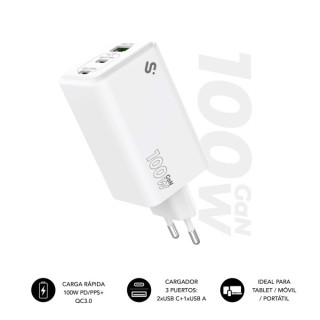 Subblim Cargador de Pared GaN 100W - 3 Puertos (2xUSB-C + 1xUSB-A) -  Carga ultra rápida - Color Blanco