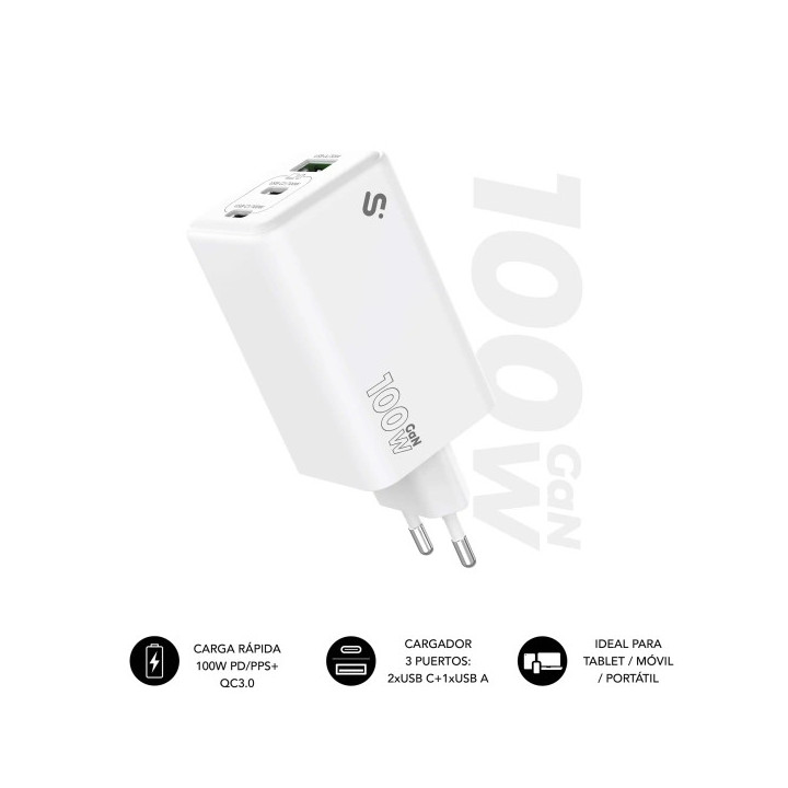 Subblim Cargador de Pared GaN 100W - 3 Puertos (2xUSB-C + 1xUSB-A) -  Carga ultra rápida - Color Blanco